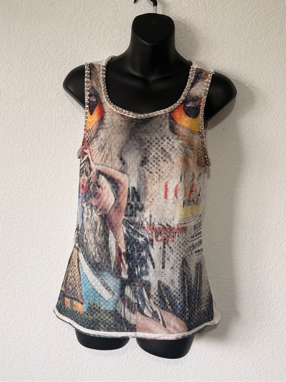 Y2K Vintage Dishe Jeans Milano Owl Graphic Rhinestone Tank Top